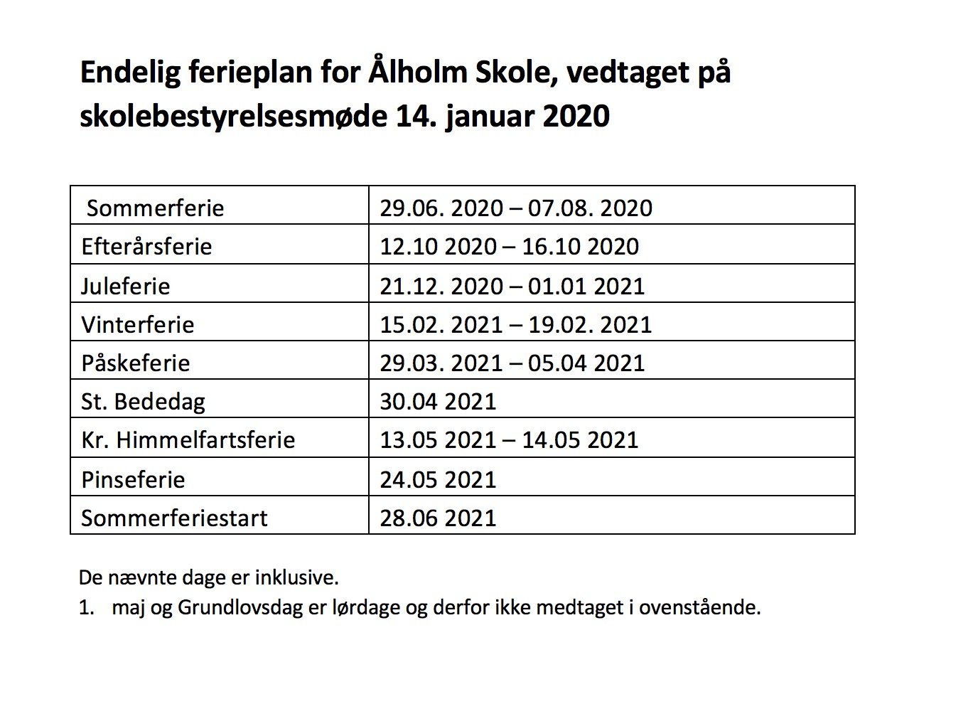 Ferieplan 2020/21 | Aalholmskole